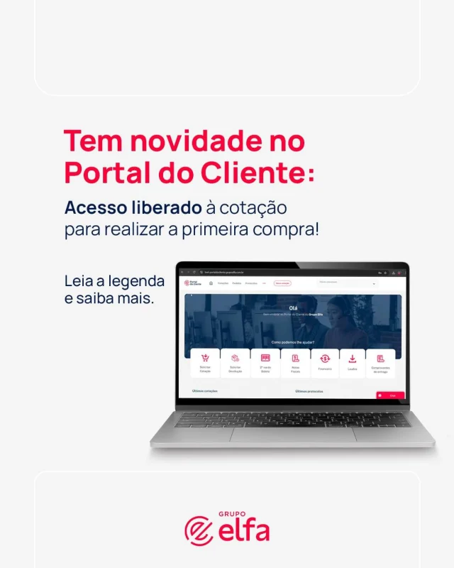 Temos uma super novidade no Portal do Cliente! 📲

Você ainda não é cadastrado como cliente do Grupo Elfa ou não realizou a primeira compra, mas quer realizar seu primeiro pedido? Agora é possível!

Nosso Portal do Cliente foi atualizado, confira o passo a passo para acessar:

1 - Crie seu usuário

2 - Cadastre seu negócio

3 - Pronto! Já pode realizar a cotação e fechar sua primeira compra!

Simples, rápido e 100% online. Clique no link da bio e confira! ❤️

#GrupoElfa #PortaldoCliente #distribuição #saúde