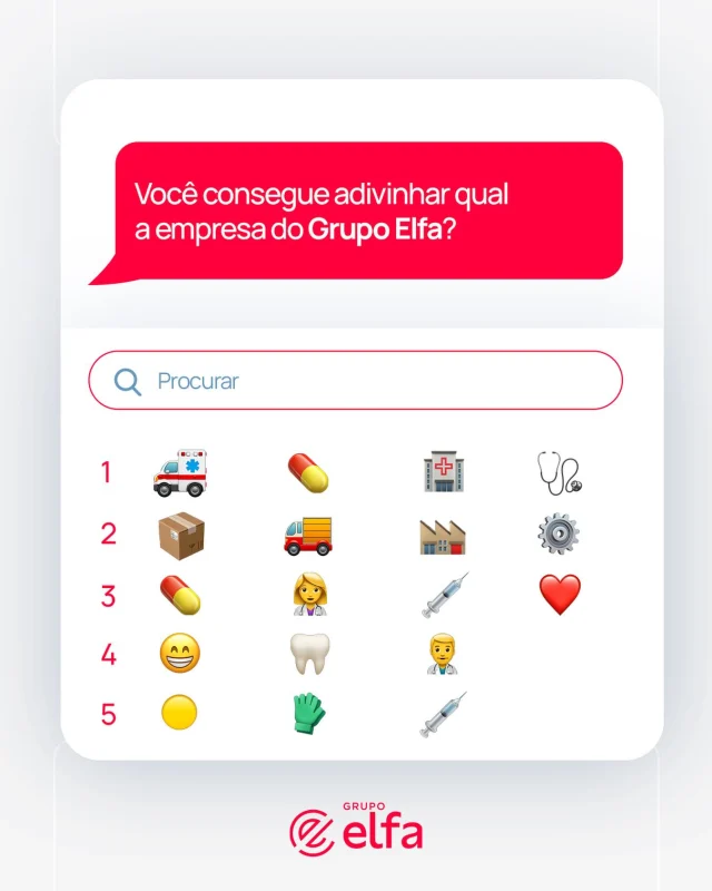 Você reconhece as empresas do Grupo Elfa só com esses emojis? 👀

Conta aqui nos comentários qual foi a primeira que você identificou! 👇

Ajuda: as marcas são Elfa Hospitalar, Elfa Serviços e Logística, Agilfarma e Medcom, Surya Dental e Descarpack.

#GrupoElfa #saúde #distribuição #logística