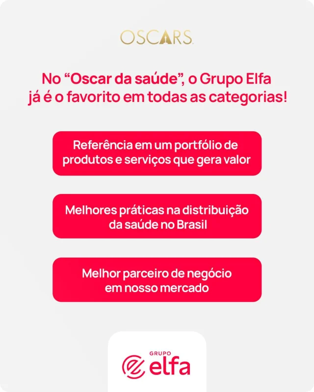 Nós não somos agentes secretos, mas temos uma informação privilegiada: no Oscar da saúde, o Grupo Elfa é favorito em todas as categorias! 🏆

Com eficiência e integridade, seguimos firmes na missão de crescer e perpetuar o nosso negócio, sempre com foco nos valores que nos guiam.

É assim que fortalecemos a nossa visão de sermos reconhecidos por fornecedores e clientes como a melhor parceira de negócio em nosso mercado! ❤️

#GrupoElfa #Oscar #saúde