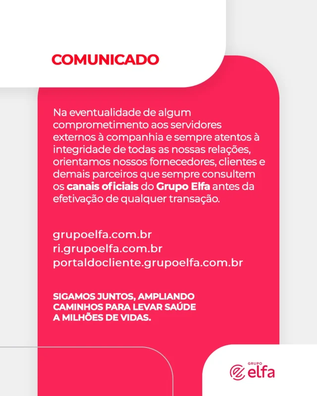 Reforçamos a importância de sempre validar qualquer solicitação ou transação por meio dos nossos canais oficiais. ⚠️

Em casos de dúvidas, fale conosco!

#GrupoElfa #comunicado